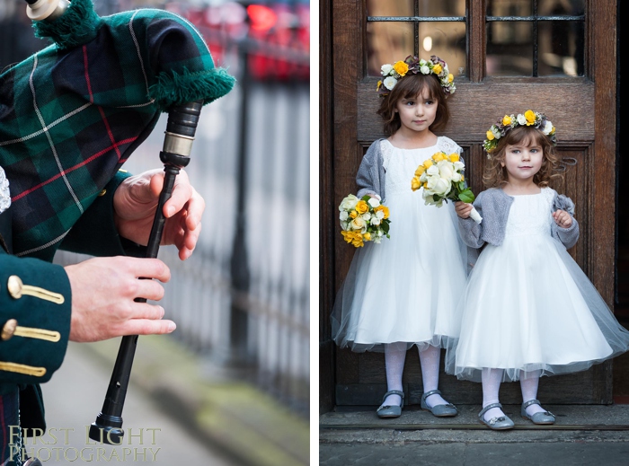 Bagpipe, flowergirls, flowers, wedding Bouquet, Edinburgh wedding photographer, First light photography, wedding photographer, tartan, Autumn Dundas wedding photography