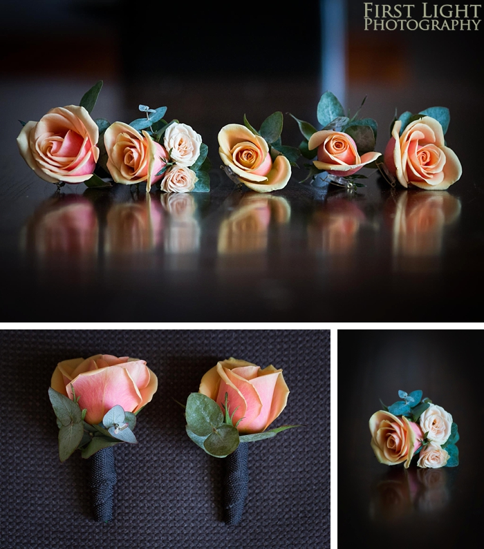 buttonholes/ bouttonieres in orange/ peach with roses and eucalyptus