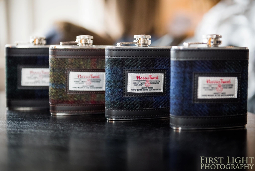 Wedding photography at Signet Library , Edinburgh by First Light photography, Scotland, Edinburg wedding photographer, groomsmen presents, harris tweed hip flask