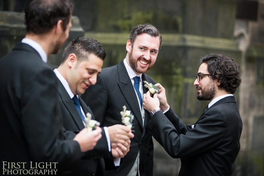 Wedding photography at Signet Library , Edinburgh by First Light photography, Scotland, Edinburgh wedding photographer, groomsmens, ushers, best man, groom, button holes, boutonniere