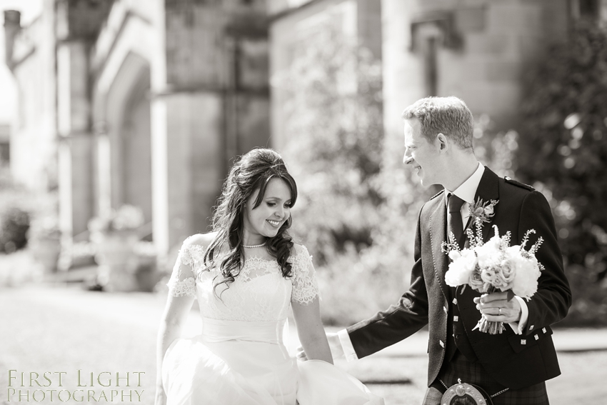 Wedding dress, wedding couple, Dundas Castle wedding photography. Edinburgh wedding photography by First Light Photography