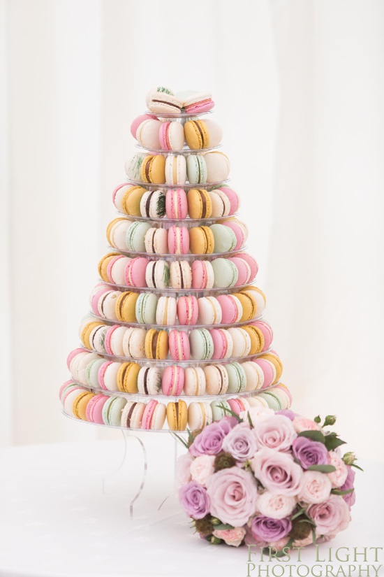 Wedding cake, wedding flowers, Macaron wedding cake, Gilmerton House, Wedding Photographer, Edinburgh Wedding Photographer, Edinburgh, Scotland, Copyright: First Light Photography